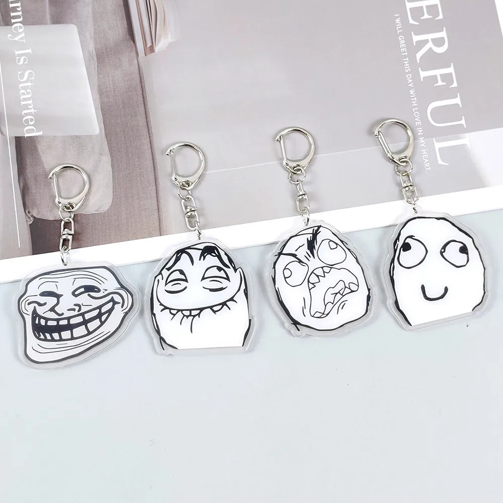 Creative Troll Face Keychains No Me Gusta Rage Forever Alone Acrylic Pendant Key Chain Backpack Car Ornament Comic Fans Gift