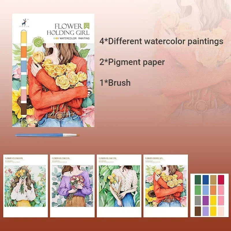 Portable Watercolor Painting Book 4 Sheets Coloring Book with Paint Brush Gouache Book Kids Graffiti Picture Drawing Statione