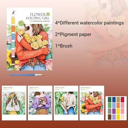 Portable Watercolor Painting Book 4 Sheets Coloring Book with Paint Brush Gouache Book Kids Graffiti Picture Drawing Statione