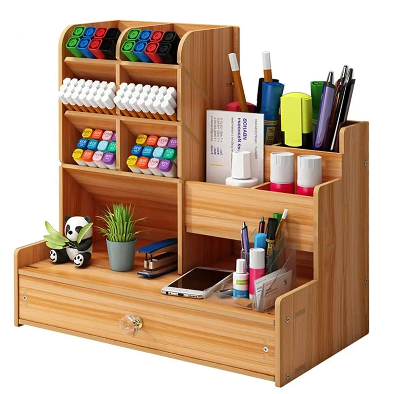 Wooden Desk Organiser DIY Desktop Tidy Pen Holder Large Capacity Stationery Storage Box with Drawer for Home Office and Schoo