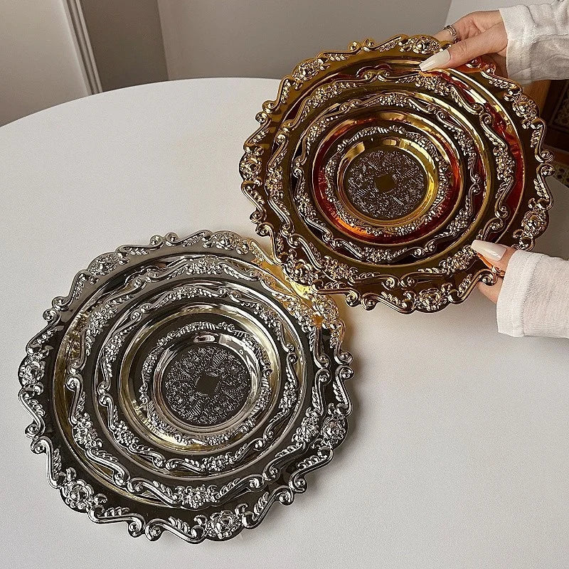 Retro Luxury Silver Plated Plates Cake Dessert Tray High Tea Snack Fruit Dish Jewelry Storage Tabletop Decor Home Hotel Suppl