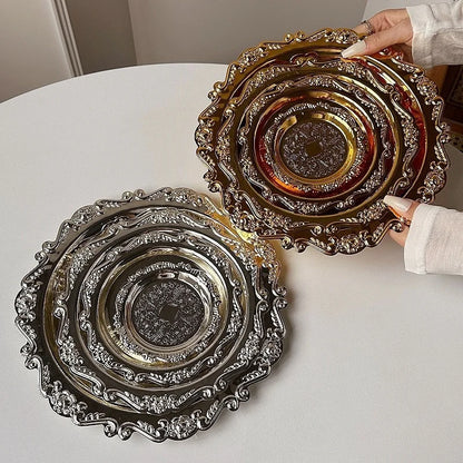 Retro Luxury Silver Plated Plates Cake Dessert Tray High Tea Snack Fruit Dish Jewelry Storage Tabletop Decor Home Hotel Suppl