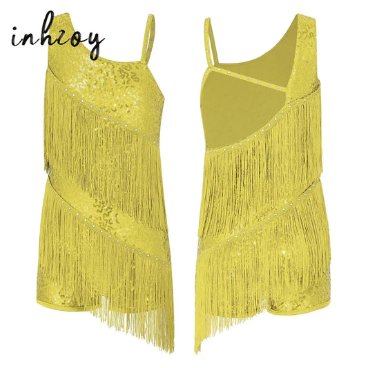 Sequins Latin Dance Dress for Girls Kids Shiny Tassel Leotards Dress Professional Dancing Competition Chacha Rumba Tango Cost