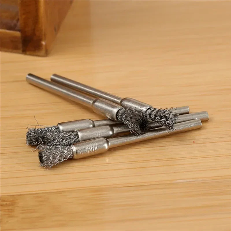 5/10pcs Pencil Brushes Stainless Steel Mounted Wire Wheel Mandrel Set Dremel Accessory Rotary Tools 3.17mm Shank Mandrel Silv