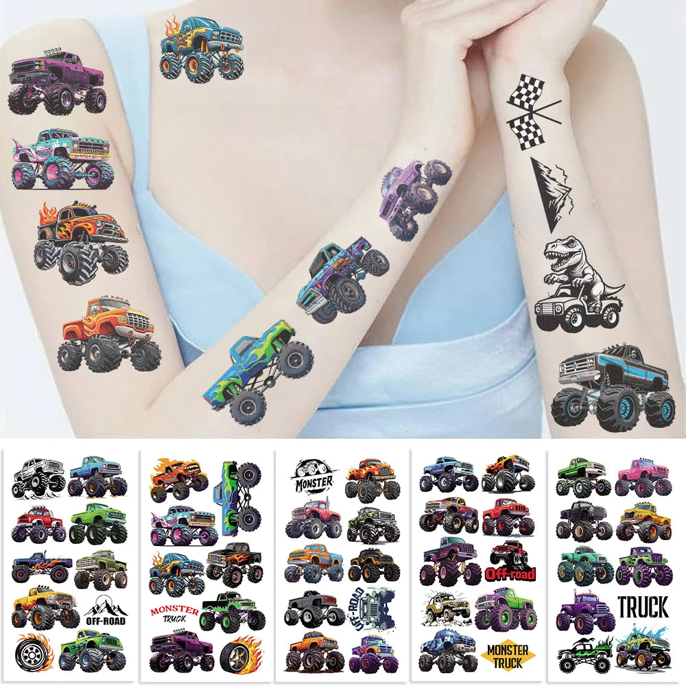 10Sheets Monster Trucks Temporary Tattoos Makeup Body Stickers for Boys Designs Tattoo Sticker