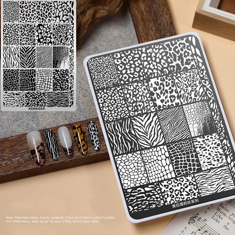 Elegant Grid Nail Stamping Plates 10*15cm Plus Size Plaid Line Stripe Butterfly Flower Design Nail Art Plates DIY Printing To