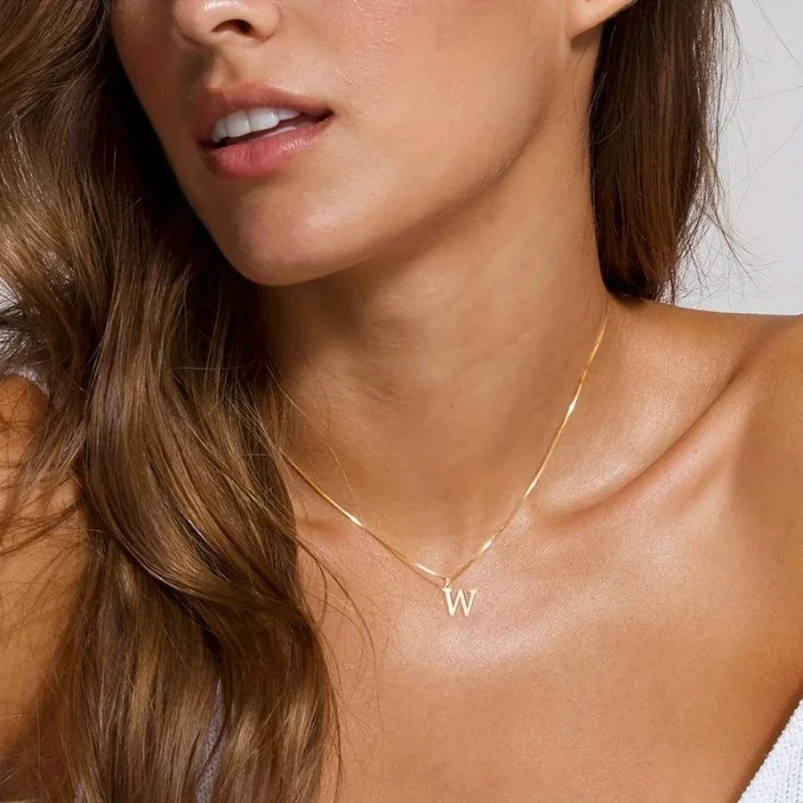 A-Z Initial Necklace 18K Gold Plated Necklace Cute Letter Stainless Steel Necklace for Women - W