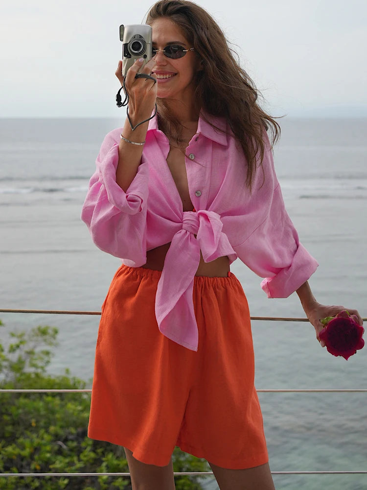 White Women's Linen Shirt Long Sleeve Elegant Pink Oversize Blouse Vintage Spring Basic Top Collar Cotton Linen Shirt for Wom