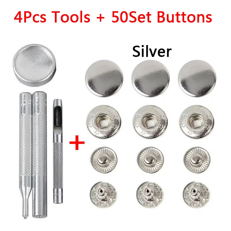 50Sets Leather Snap Fasteners Kit 10mm 12mm 15mm Metal Button Snaps Press Studs 4 Install Tools Leather Snaps For DIY Clothes