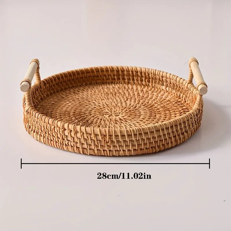 Handwoven Rattan Tray & Food Storage Basket | Eco-Friendly Kitchen Organizer with Lid, Farmhouse Home Decor - Natural Brown 2