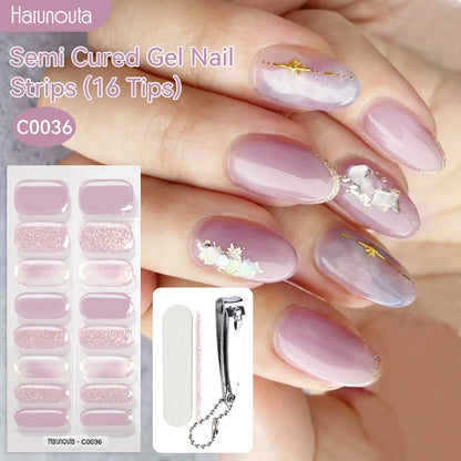 Harunouta 16strips Semi Cured Gel Nail Strips with Nail Clipper Set Self-Adhesive Glitter for Nails Work with UV/LED - Set 07