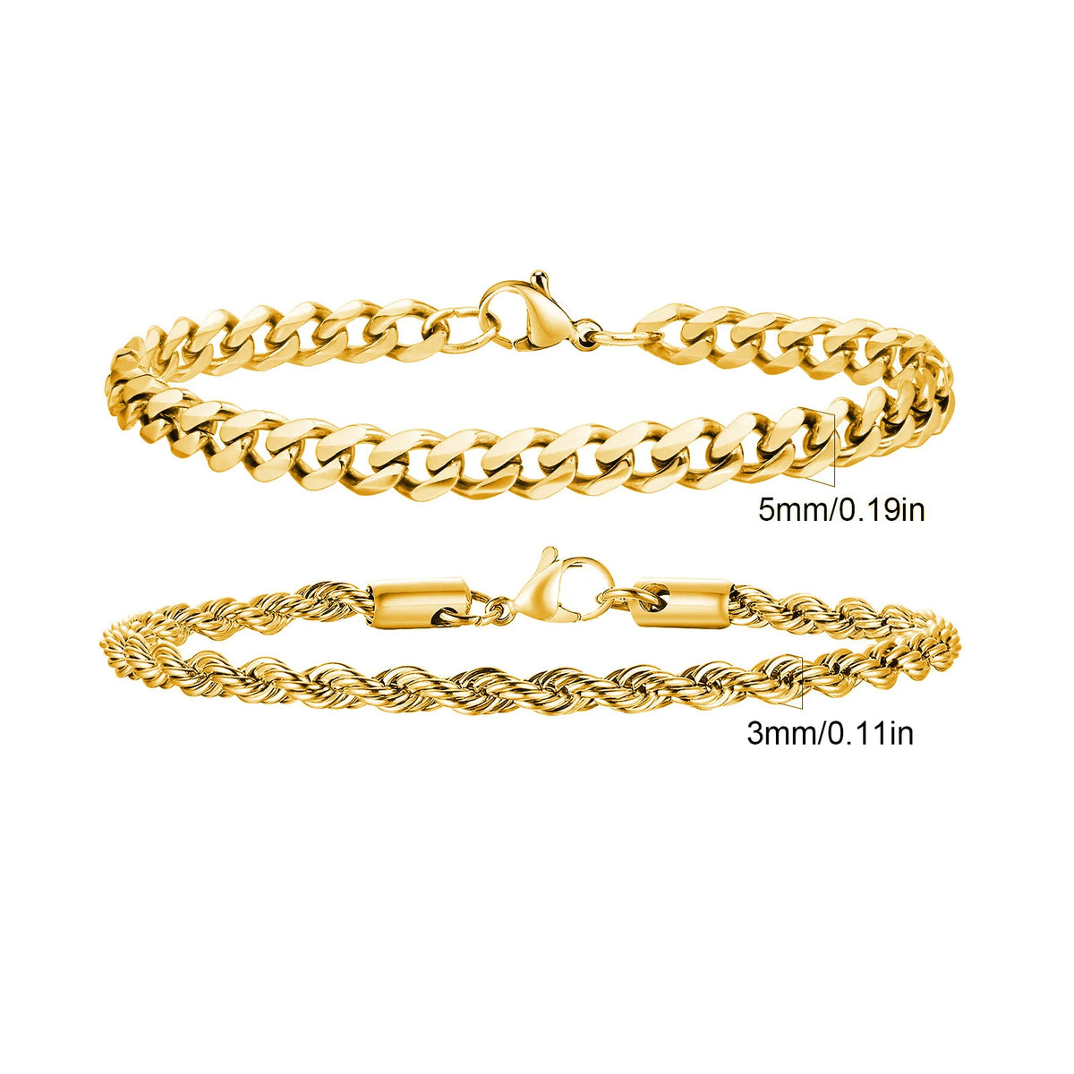 2pcs Men's Chain Bracelets,Stainless Steel Silver Gold Black Color Twist Rope Chain Wristband,Trendy Cuban Link Chains Gift -
