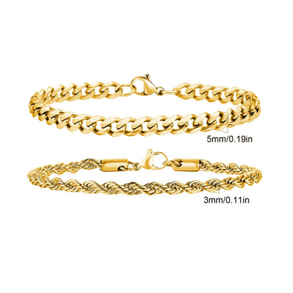2pcs Men's Chain Bracelets,Stainless Steel Silver Gold Black Color Twist Rope Chain Wristband,Trendy Cuban Link Chains Gift -