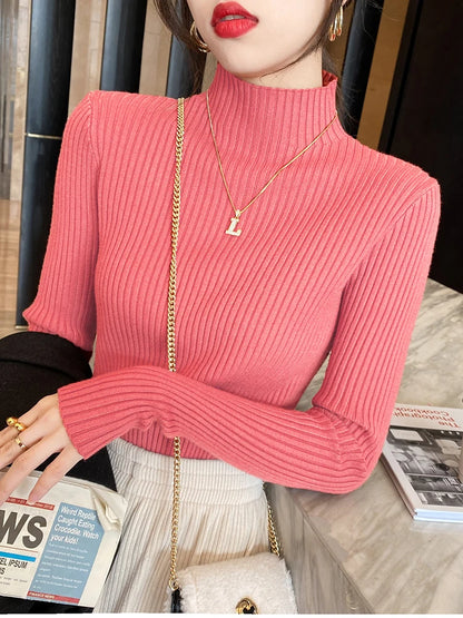 Elegant Solid Basic Knitted Tops Women Turtlneck Sweater Long Sleeve Casual Slim Pullover Korean Fashion Simple Chic Clothes 