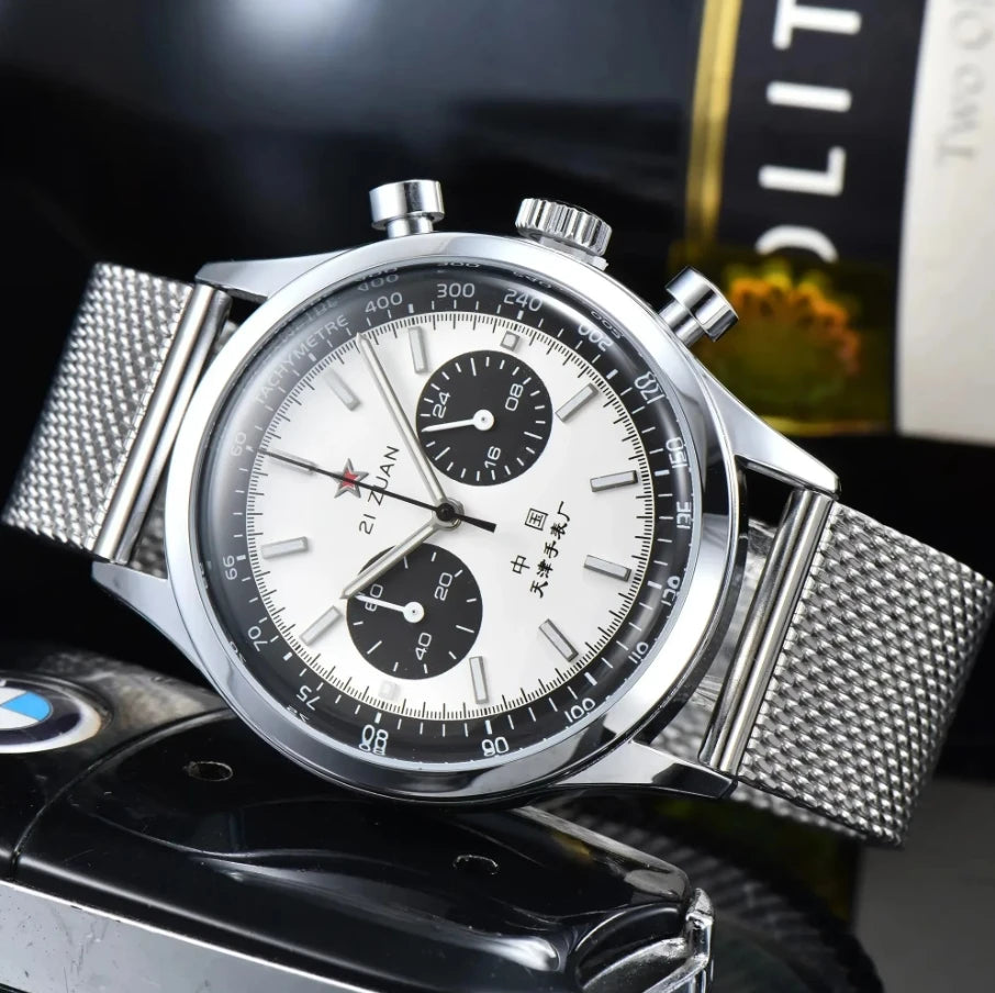 Men's watches 1963 pilot automatic watch 42mm waterproof retro quartz chronograph vintage dress watch - E