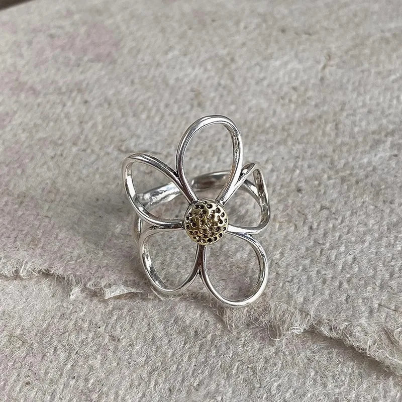 VENTFILLE 925 Sterling Silve Flower Ring for Women Gift Hollow Out Design Retro Hip Hop Versatile Jewelry Party Gift