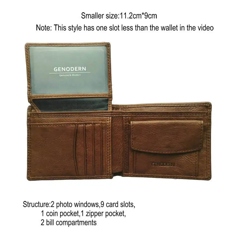 GENODERN Cow Leather Men Wallets with Coin Pocket Vintage Male Purse RFID Blocking Genuine Leather Men Wallet with Card Holde