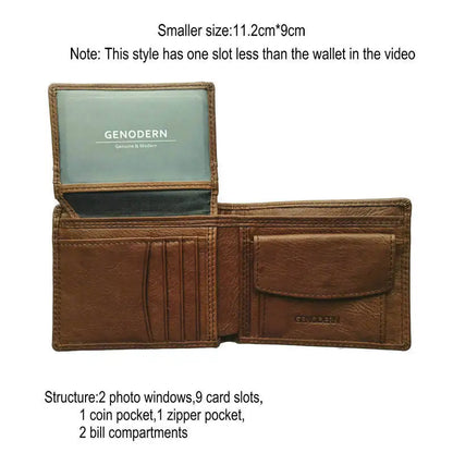 GENODERN Cow Leather Men Wallets with Coin Pocket Vintage Male Purse RFID Blocking Genuine Leather Men Wallet with Card Holde