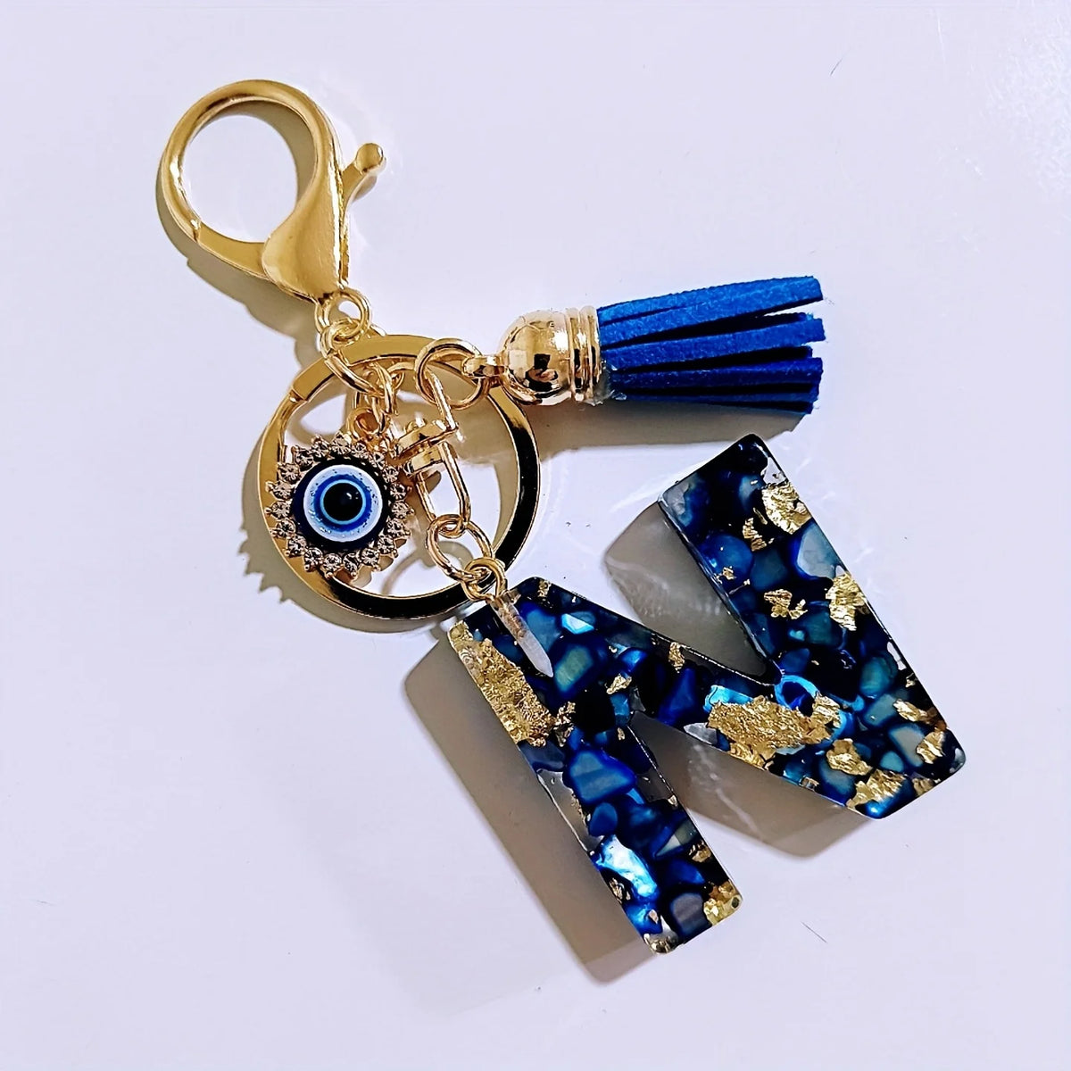 Blue Resin Initial Keychain - Evil Eye Letter Charm with Rhinestones & Tassel, Stylish Gift for Women, Lobster Clasp Accessor