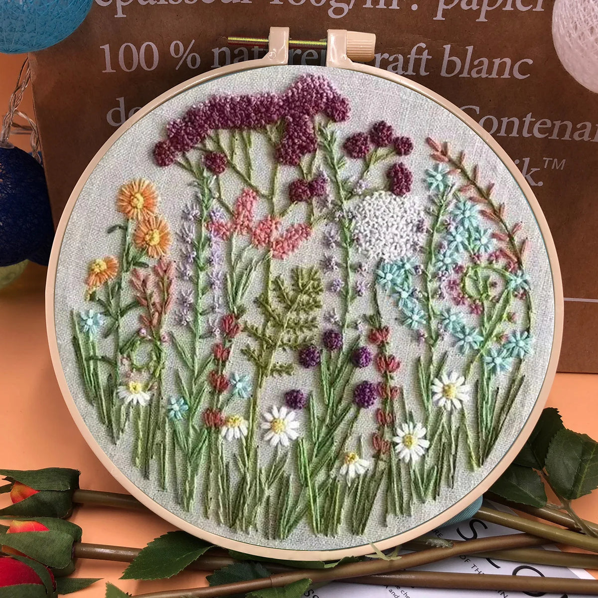 3D Embroidery Starter Kits with Flowers Pattern for Adults Beginners, Floral Stamped Cross Stitch Kit, Hand DIY Needlepoint K