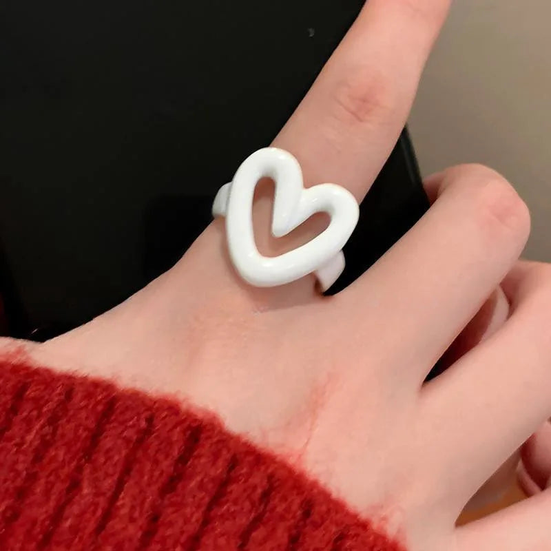 LATS White Red Enamel Heart Sweet Ring for Women Girls Trendy Geometric Dripping Oil Y2K Opening Rings Jewelry Gift - 991111