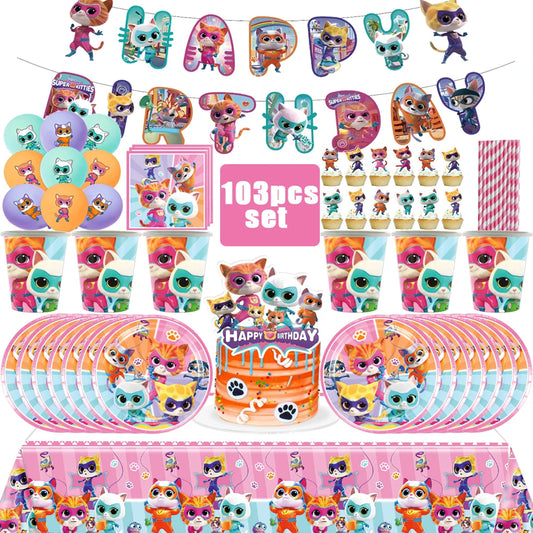 Superkitties Happy Birthday Party Decor Paw Meow Cat Super Kitties Tableware Tablecloth Plate Cup Gift Set Kid Party Supplie 