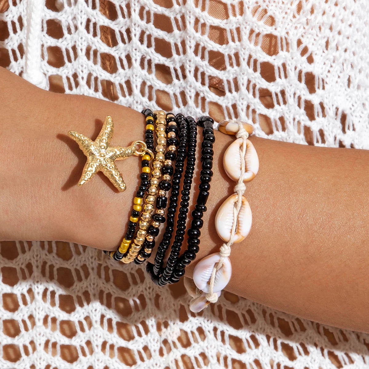 Tocona Bohemian Resort Style Shell Beaded Weaving Bracelet Beach Style Starfish Rice Beads Seven Piece Set for Women 25134