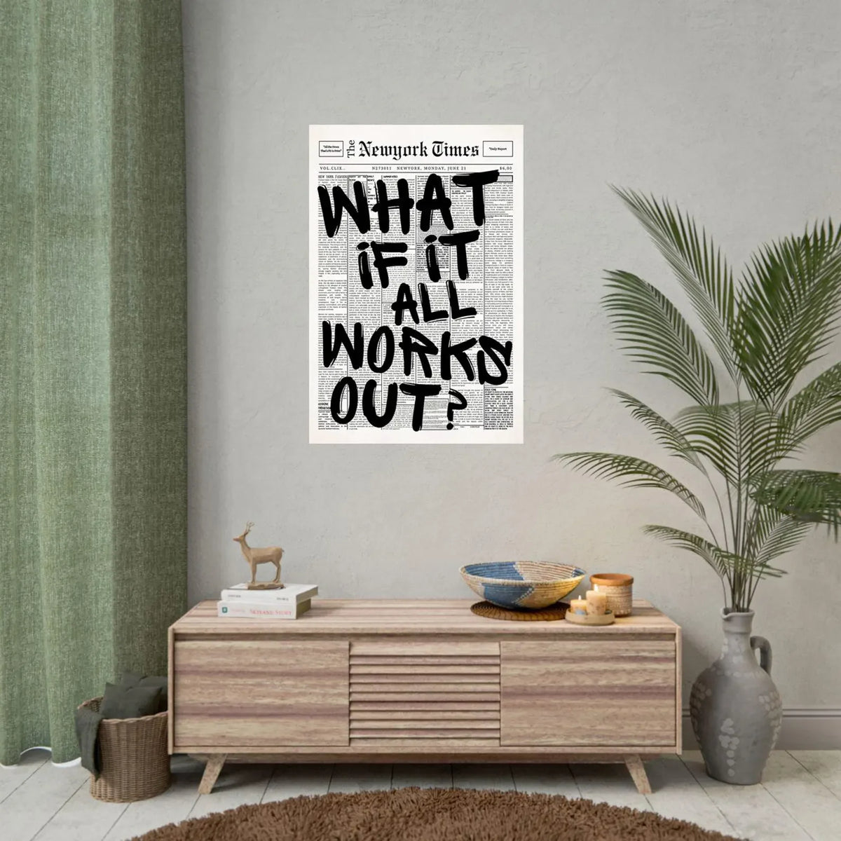 Newspaper Poster - What If It All Works Out - Positive Quote Canvas Wall Art, Affirming Minimalist Prints, Neutral Dorm Room 