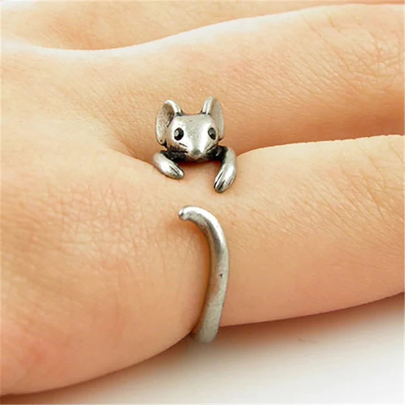 Huitan Vintage Mouse Animal Finger Ring for Women Antique Silver Color Gothic Knuckle Rings Fancy Gift 2023 Hot Jewelry - Q30