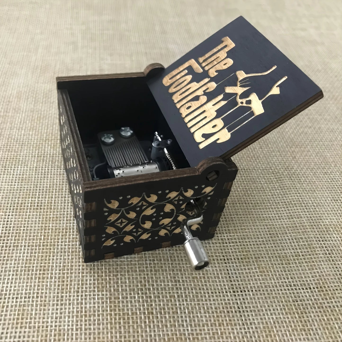 Hand Cranked Black Christmas Music Box Wooden Antique Carved Classic Theme Music for Birthday Party Gifts Family Decoration -