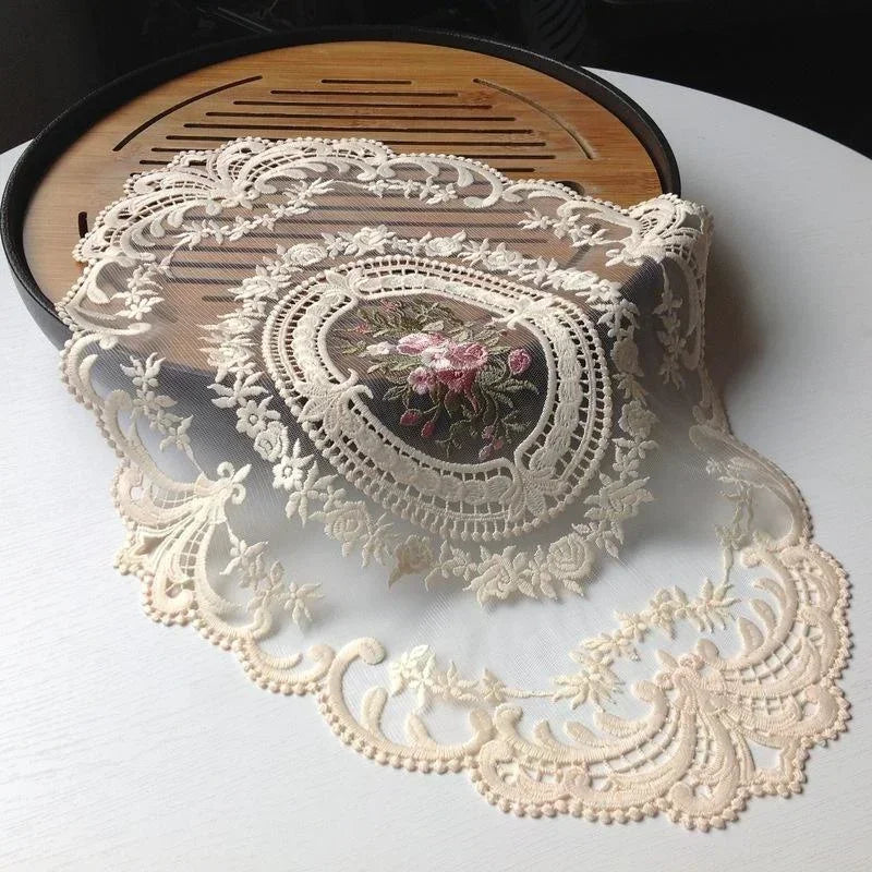 European Oval Lace Embroidery Coaster Bedroom Study Kitchen Cup Table Mat Food Fruit Plate Cover Decoration - as shown