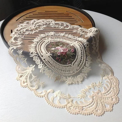 European Oval Lace Embroidery Coaster Bedroom Study Kitchen Cup Table Mat Food Fruit Plate Cover Decoration - as shown