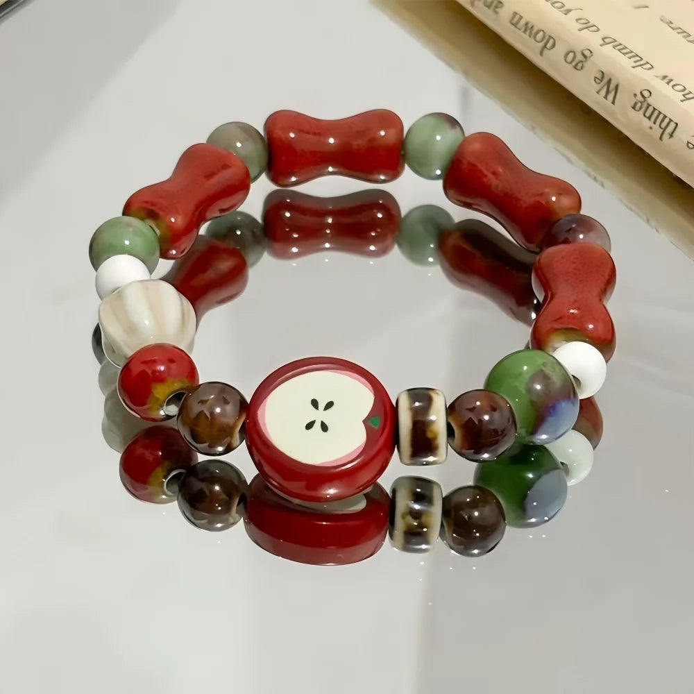 Retro imitation Apple Ceramic Bead Bracelet Cute Color Mixed Star Women Bracelet Fashion Design Jewelry Trend Accessories - r