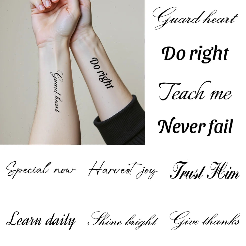 Tattoo Stickers English Word Waterproof Long Lasting Realistic Transfer Temporary Black Letters Feather Body Art For Men Wome