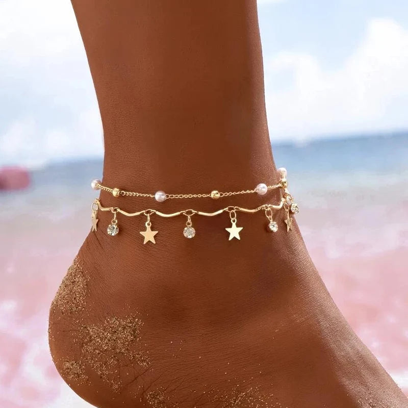 Boho Anklet Foot Colorful Beads Chain Summer Bracelet Heart Pendant Charm Anklet Sandals Barefoot Beach Foot Bridal Jewelry J