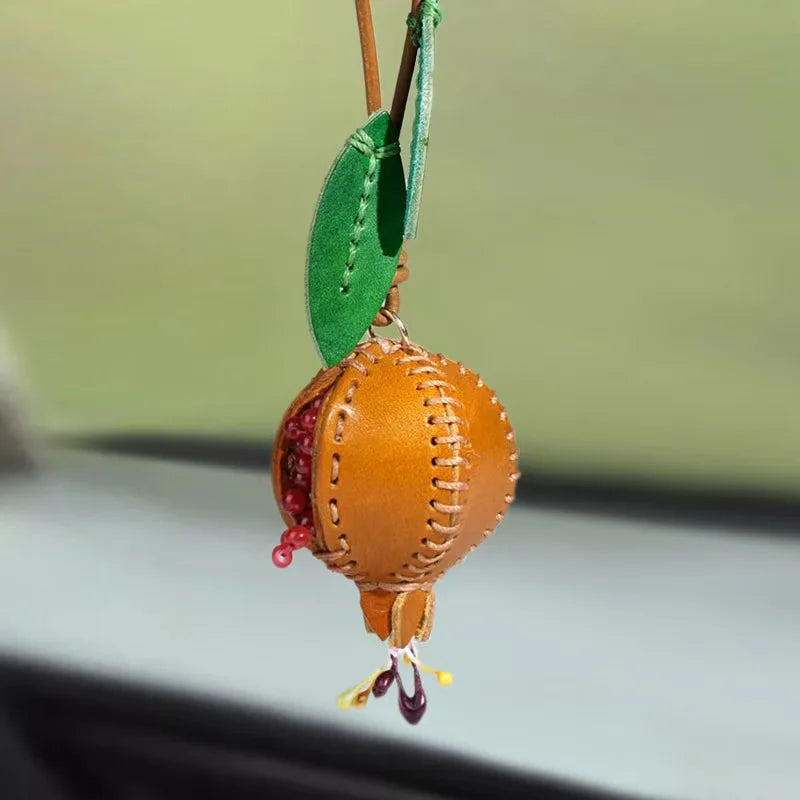 Handmade Vegetable Tanned Leather Pomegranate Keychain Fruit Bag Charm Cute Purse Pendant Car Mirror Accessories For Women Gi