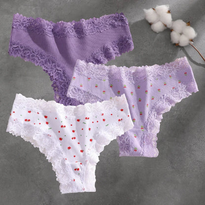 3Pcs Cotton Lace Patchwork Bikini Panties Women Seamless Floral Print Brazilian Pants Low Waist Breathable Female Sexy Linger
