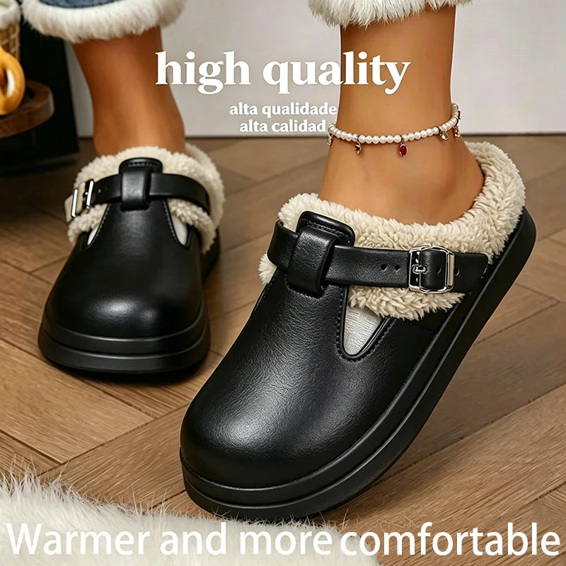 Waterproof Eva Furry Mules Slippers Women 2025 Winter Metal Buckle Warm Plush Slippers Soft Thick Bottom Non Slip Indoor Slid