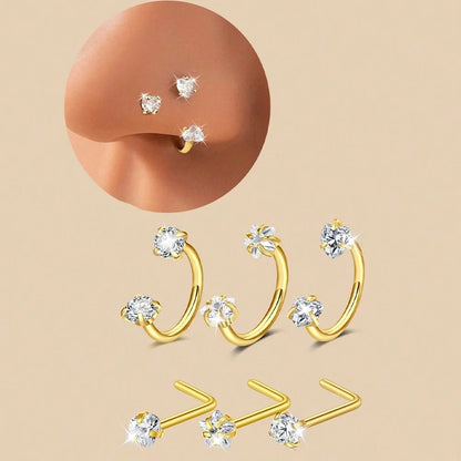 6/2pcs Horseshoe Nose Rings With L-Shape Nose Stud, Stainless Steel Rianbow CZ Nose Ring,, Lip Eyebrow Helix Ear Piercing - 6