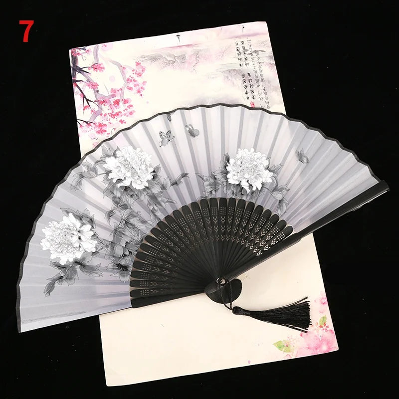 1Pc Vintage Silk Folding Fan Retro Chinese Japanese Bamboo Folding Fan Tassel Dance Hand Fan Home Decoration Ornament Craft G