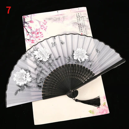1Pc Vintage Silk Folding Fan Retro Chinese Japanese Bamboo Folding Fan Tassel Dance Hand Fan Home Decoration Ornament Craft G