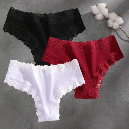3Pcs Cotton Lace Patchwork Bikini Panties Women Seamless Floral Print Brazilian Pants Low Waist Breathable Female Sexy Linger