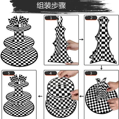 Racing Car Theme 3-Tier Round Cardboard Cupcake Stand Cars Birthday Party Tablecloth Black and White Checkered Decor Supplies