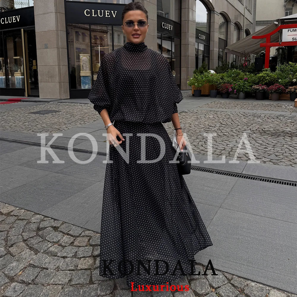 KONDALA Vintage Polka Dot Women Sets Chiffon Bow Tie Loose Blouses Loose Long Skirts Fashion 2026 Spring Summer Holiday Suits