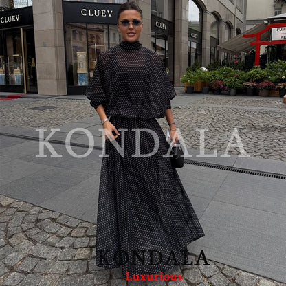 KONDALA Vintage Polka Dot Women Sets Chiffon Bow Tie Loose Blouses Loose Long Skirts Fashion 2026 Spring Summer Holiday Suits