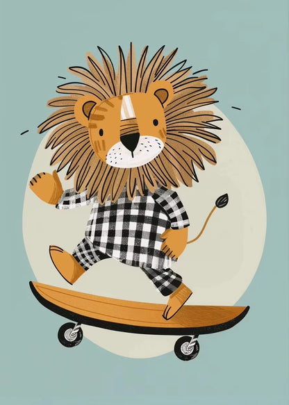 Minimalist Cute Skateboard Animal Wall Art Dog, Lion, Crocodile, Tiger, Bear, and Car Canvas Print Home Decor for Kids' Rooms