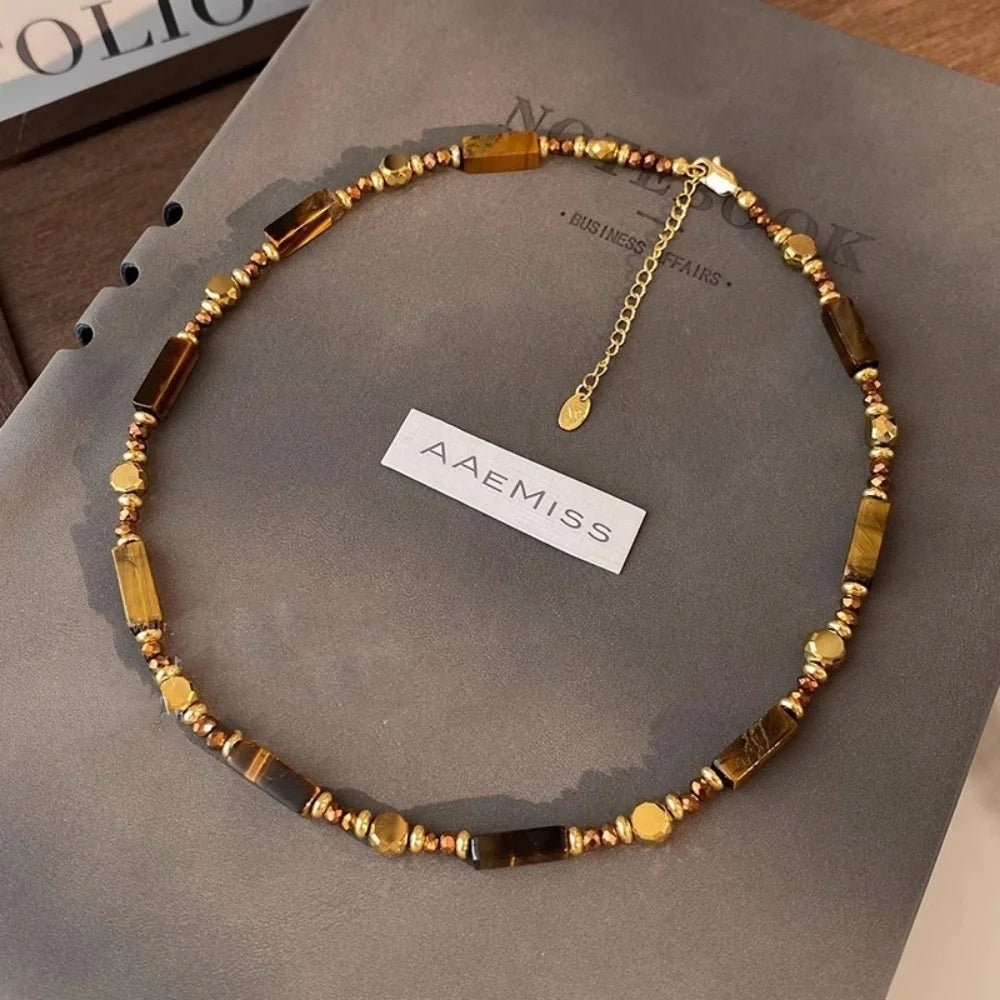 Alloy double-layer collarbone chain set jewelry retro temperament layered tiger eye stone pendant necklace for women - Beaded