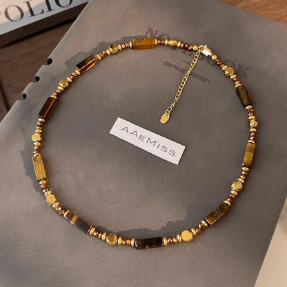 Alloy double-layer collarbone chain set jewelry retro temperament layered tiger eye stone pendant necklace for women - Beaded