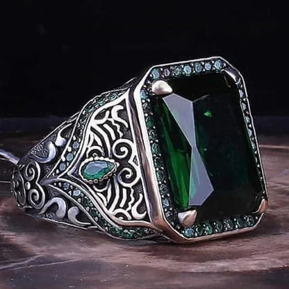 Retro Handmade Turkish Signet Ring for Men Vintage Silver Color Carving Pattern Inlay Green Zircon Party Punk Motor Biker Rin