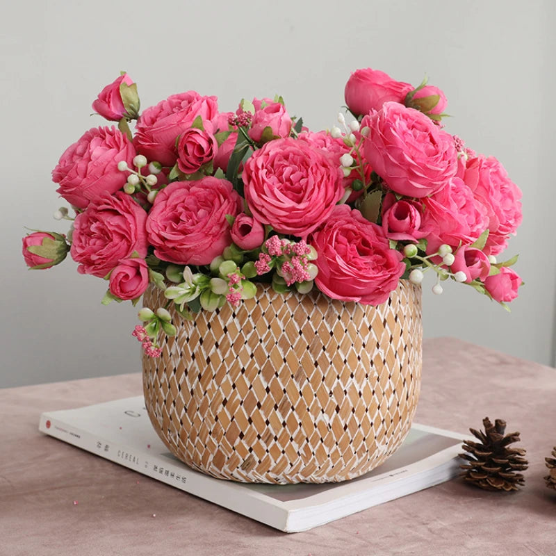 1pcs/30cm Rose Pink Silk Bouquet Peony Artificial Flower 5 Big Head 4 Small Bud Bride Wedding Home Decoration Artifi